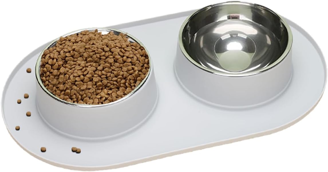 Dog Bowls,  Dog Bowl with Dual 500 ML Stainless Steel Bowls Large Anti-Slip/Anti-Spill Silicone Pad, Puppy/Cat Bowls for All Dogs and Cat Feeding All Food & Water (Total 33.82 OZ, Light-Grey)