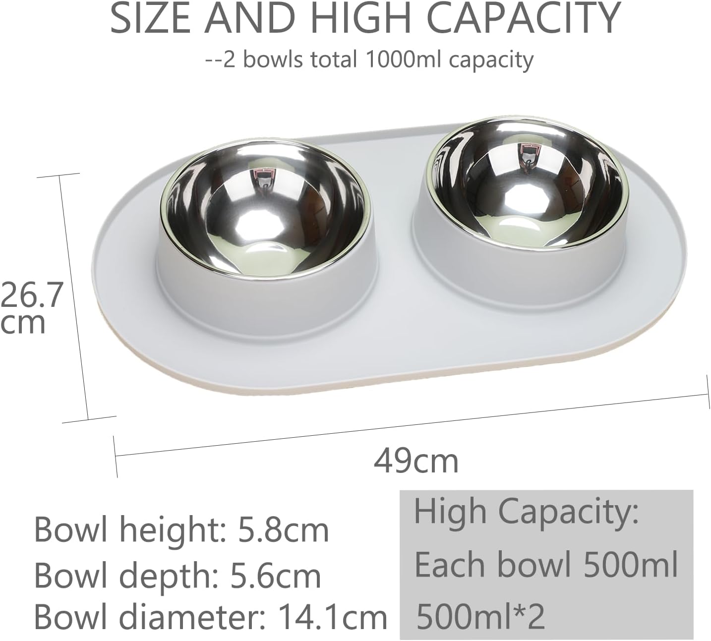 Dog Bowls,  Dog Bowl with Dual 500 ML Stainless Steel Bowls Large Anti-Slip/Anti-Spill Silicone Pad, Puppy/Cat Bowls for All Dogs and Cat Feeding All Food & Water (Total 33.82 OZ, Light-Grey)