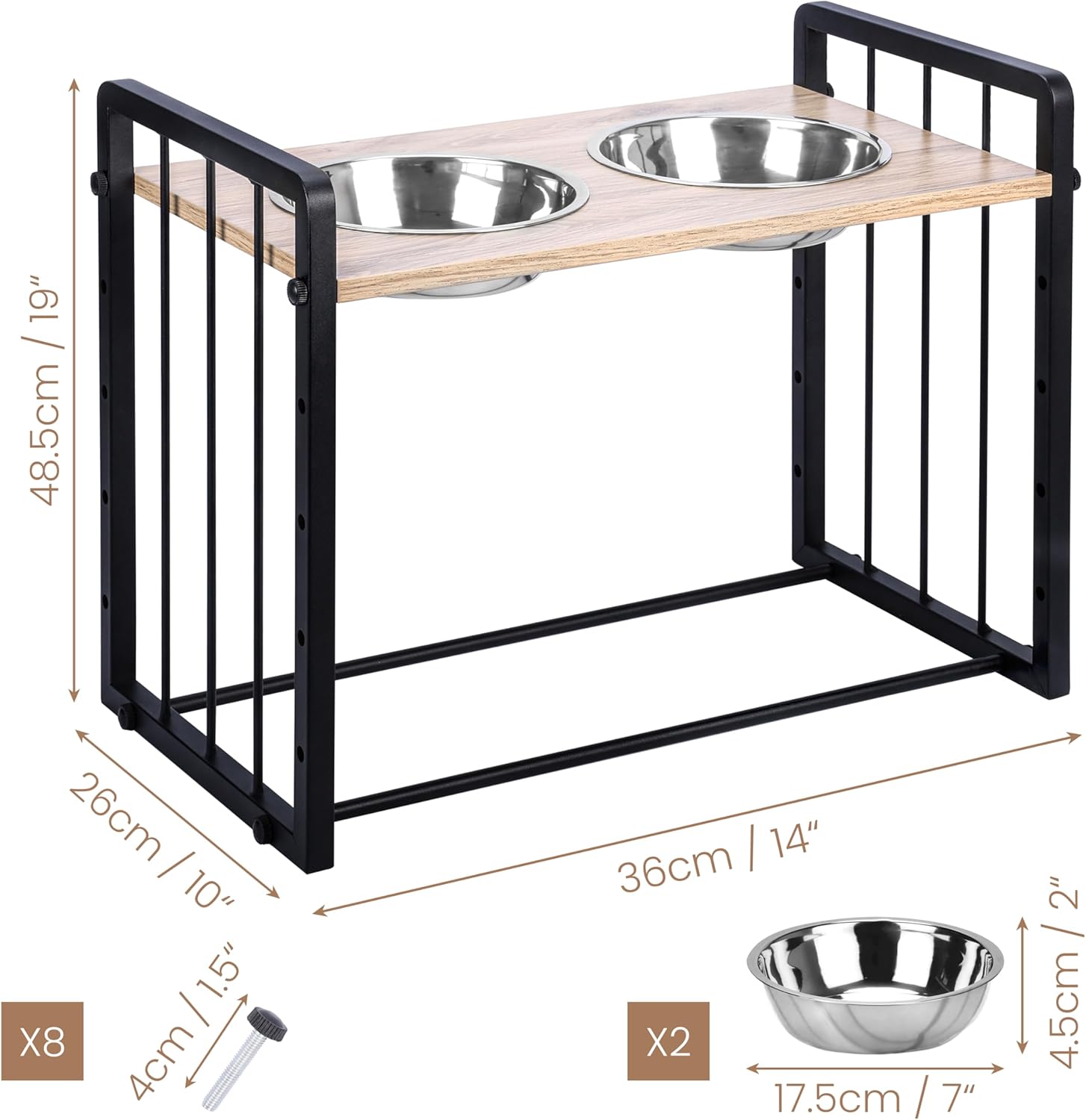 Raised Dog Bowl Stand - 2 Steel Dog Bowls with Stand - Adjustable Dog Feeding Station with Elevated Dog Bowls - Non-Slip Raised Dog Feeder