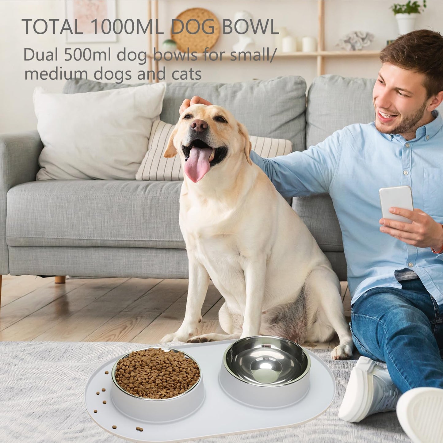 Dog Bowls,  Dog Bowl with Dual 500 ML Stainless Steel Bowls Large Anti-Slip/Anti-Spill Silicone Pad, Puppy/Cat Bowls for All Dogs and Cat Feeding All Food & Water (Total 33.82 OZ, Light-Grey)