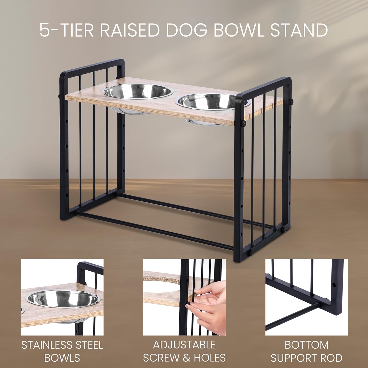 Raised Dog Bowl Stand - 2 Steel Dog Bowls with Stand - Adjustable Dog Feeding Station with Elevated Dog Bowls - Non-Slip Raised Dog Feeder