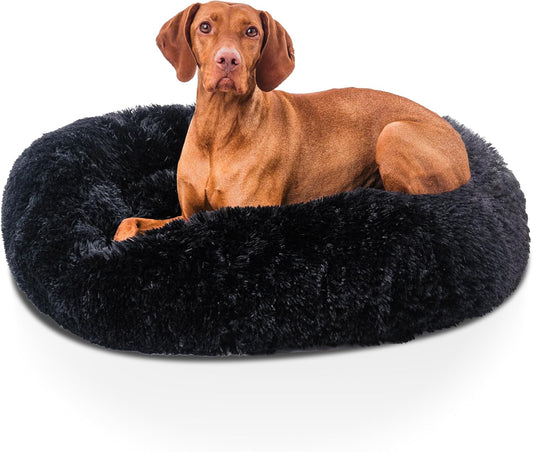 Large Donut Dog Bed 80Cm Black Dog Donut Beds Calming Dog Beds Dog Basket Bed Doughnut Plush with Non Slip Base anti Anxiety Properties Machine Washable (Black, 80Cm)